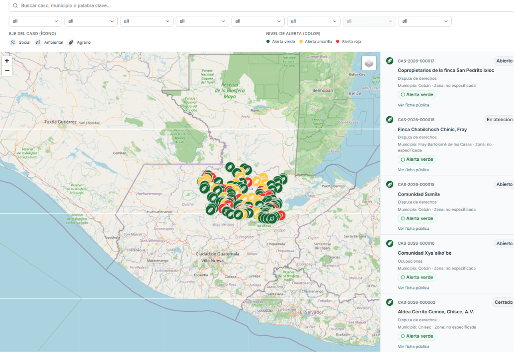 Vista previa del geoportal público con mapa de casos publicados y lista lateral